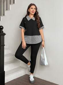 SHEIN LUNE 大码纯色条纹拼接短袖上衣和纯色长裤两件套 - 彩色 - 查看 6