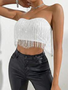Allurite Áo quây nữ gợi cảm màu trơn có tua rua - trắng - Xem 3