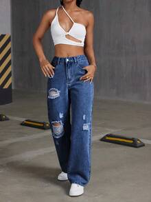Rivivi Quần jeans nữ dáng suông rách rưới, bạc màu, phong cách thường ngày. - Rửa tối - Xem 4