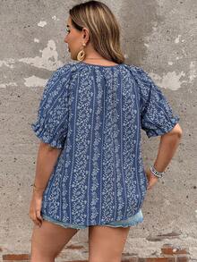 Ceyna 大码女式法式休闲优雅刺绣印花短袖衬衫，夏季波西米亚风短袖上衣，波西米亚衬衫，夏季休闲女式上衣，夏季女式衬衫，沙滩装，保守款女式衬衫，休闲现代夏季女式上衣，夏季女式衬衫 - 藏蓝色 - 查看 2