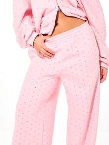 SUMWON WOMEN Quần jogger ống rộng dáng rộng SUMWON dành cho nữ, đính đá lấp lánh toàn thân, chất liệu vải mài, phối cùng các chi tiết lấp lánh đơn giản, thích hợp cho Ngày Valentine. - Hồng - Xem 4