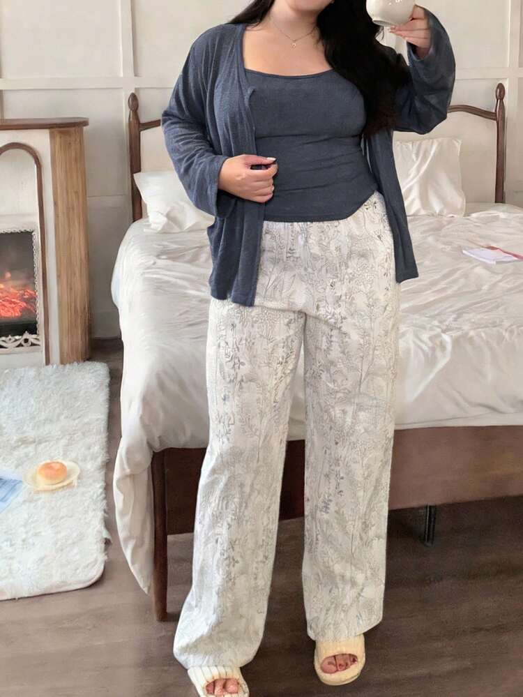 Dazy Plus 3pcs Fashionable Sleepwear Set, Solid Color Camisole Cardigan Top And Floral Pants, Spring/Autumn