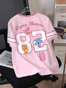 SHEIN X Care Bears 青少年女孩休閒簡約數字82卡通熊圖案短袖圓領T恤，適合秋冬穿著 - 彩色 - 查看 2