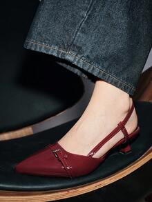 2024秋冬新款尖头性感中跟派对鞋女凉鞋设计师夏季高跟休闲正装拖鞋，优雅 - 酒紅色 - 查看 12