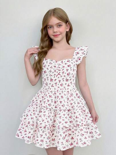 Girlism Kids Tween Girls Ditsy Floral Print Ruffle Trim Ruched Bust Two Layer Hem Dress, Back-To-School Outfit, Cute, Holiday Family Outdoor Spring Picnic Everyday Wear, Suitable For Various Occasions Girl Floral Dress Tween Girls Dress Ruffle Sleeve Dress Tiered Skirt Dress Teen Girl Spring Dress Floral Tween Dress Girl Spring Dress Puff Sleeves White Floral Dress Girl Girls Tea Party Dress Girl Mini Floral Dress Puff Sleeves Dress Tween Tea Party Dress Girl Puff Sleeve Dress