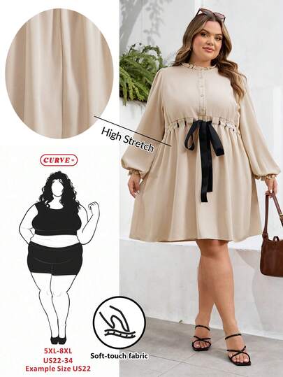SHEIN CURVE+ Plus Size Women's Button Half-Placket Puff Sleeve Drawstring Waist Casual Midi Dress