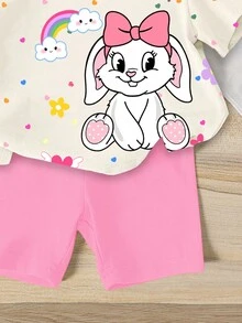 SHEIN GraphicGems 一套女婴可爱兔耳豹纹爱心印花圆领短袖T恤和针织短裤套装，卡通兔子印花T恤套装，春夏皆宜，夏季套装，复活节套装 - 彩色 - 查看 5