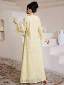 SHEIN Najma Đầm Ả Rập nữ tay lửng 3/4 cổ vuông, ren tua rua, dáng xòe - Màu vàng - Xem 2
