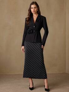 EMERY ROSE 法式复古优雅女士时尚翻领花卉腰带长袖西装外套搭配波点中长裙套装 - 黑色 - 查看 4