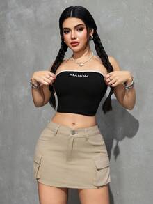 SHEIN ICON 女士夏季时尚翻盖口袋迷你牛仔裙 - 卡其色 - 查看 6