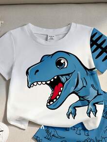 1 Set Baby Boys Cute Blue Dinosaur Print Patchwork Design Round Neck Short Sleeve T-Shirt And Allover Dinosaur & Letter Print Matching Shorts, Summer Outfit - Multicolor - View 5