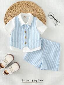 Cozy Pixies Bộ quần áo mùa hè dễ thương cho bé trai gồm 3 món: Áo vest kẻ sọc xanh, quần short, áo sơ mi ngắn tay kèm nơ, thích hợp cho tiệc sinh nhật, lễ rửa tội, lễ kỷ niệm sinh nhật lần thứ nhất, các dịp trang trọng. - Màu xanh lam - Xem 8