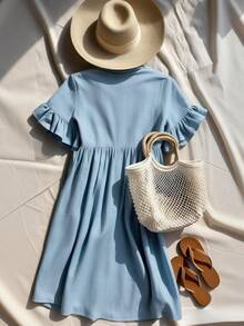 Franclia Elegantes, locker geschnittenes Rüschenbesatz Midi-Kleid mit Kurzarm, lässig & modisch für Frühling/Sommer - Babyblau - Übersicht 2