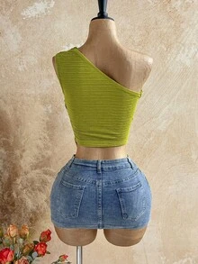 SHEIN WYWH Blusa de malha torcida com ombros assimétricos e modelagem justa, estilo boêmio, perfeita para férias e outono. Ideal para mulheres com estilo vintage e perfeito para as festas de fim de ano. - Verde - Ver 2
