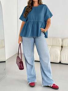 SHEIN Essnce 大码女装春夏时尚休闲宽松舒适日常百搭修身短袖衬衫，简约风格，凸显曲线，可爱上衣，外出上衣，女士衬衫，欧洲夏季，荷叶边上衣，早午餐，外出上衣 - 藍色 - 查看 5