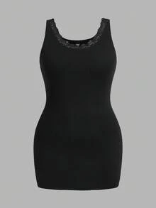 SHEIN Essnce Plus Size Solid Color Lace Patchwork Sleeveless Round Neck Tank Top, Summer Tops - Black - View 7