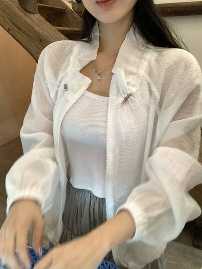 Livesso White High Neck Drawstring Loose Raglan Sleeve Women Casual Jacket, Suitable For Commuting, Office, Holiday, Easter Vacation, Spring & Summer