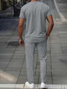 Manfinity Homme Men's Grey Summer Casual 2-Piece Set,Short Sleeve Crew Neck T-Shirt And Pant Matching Sets For City Break,Outdoor Sports,Daily Leisure & Travel Wear - Light Grey - View 2
