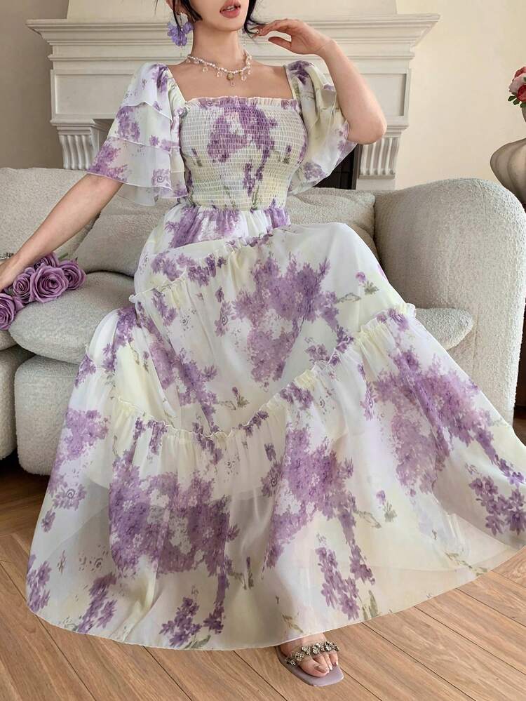 Women's Square Neck Short Sleeve Printed Waist Cinched Dress, Vacation Style Sundress