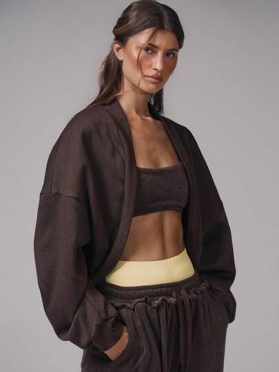 Musera Sport Jersey Bolero Sleeve Embroidered Fleece Sweater Active Sport Workout Gym Pilates Fitness Daily Casual Banana Pudding