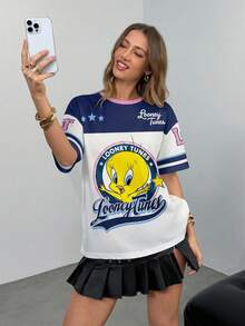 LOONEY TUNES X SHEIN 女士休闲日常撞色卡通图案圆领短袖T恤，夏季 - 白色 - 查看 5