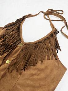 Elin Vora 复古西部风麂皮流苏露背上衣和迷你裙两件套，适合度假、派对、音乐节等场合。 - 棕色 - 查看 4