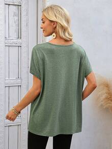 EMERY ROSE 女士宽松V领镂空纯色休闲短袖T恤 - 綠色 - 查看 2