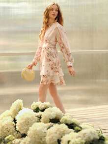 MOTF PREMIUM WOMEN'S ROMANTIC FLORAL PRINT WAIST CINCHED LONG SLEEVE SHORT DRESS, SPRING/SUMMER - Apricot - View 9