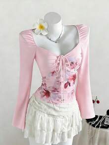 Sweetra Áo thun nữ màu hồng, thích hợp cho Halloween, Lễ Tạ ơn, Năm mới, dự tiệc, đi làm, mặc hàng ngày, du lịch, nghỉ mát. Áo có họa tiết in, nơ đính hạt, thiết kế nhún bèo, dễ thương và tinh nghịch, ôm eo, tay dài. - Hồng - Xem 7