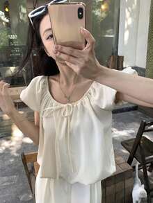 FRIFUL 女士花瓣袖蝴蝶结前系宽松甜美衬衫 - 黃色 - 查看 8