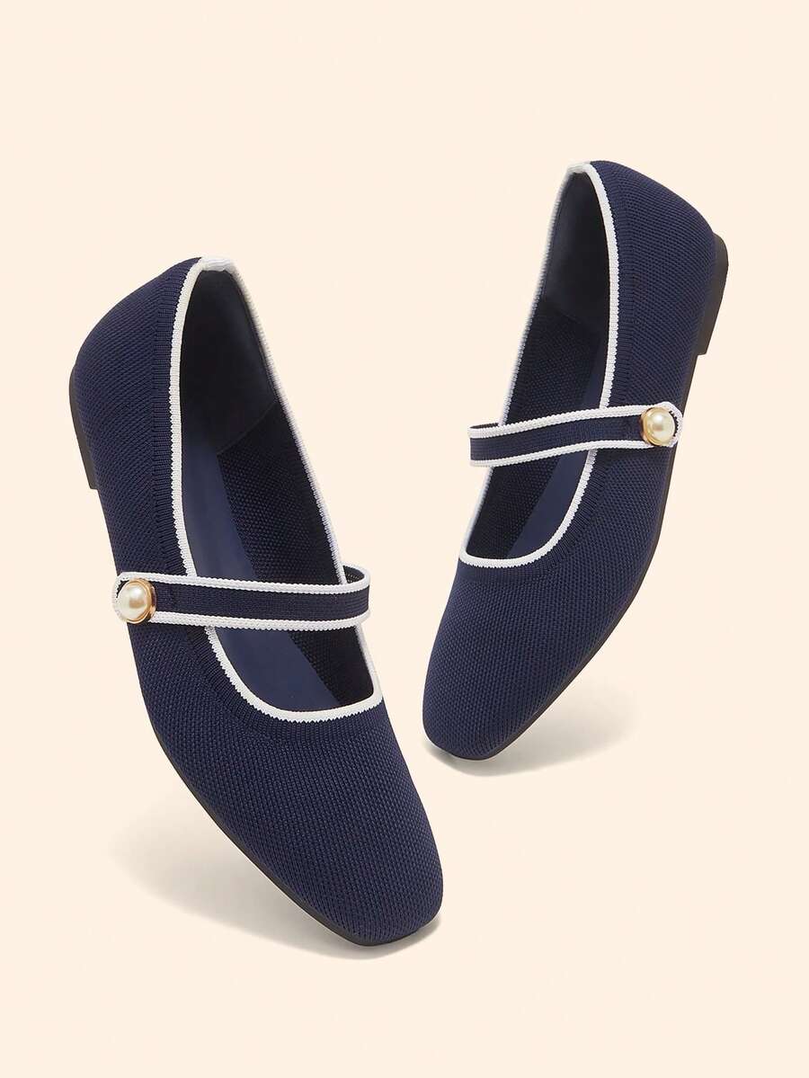 CUCCOO BASICS Women's Fashion Navy Blue Fabric Square Toe Mary Jane Shoes, Accented With White Trim And Pearl Decor, Minimalist Elegant Design Suitable For Commuting, Dating, Parties And More Occasions - dark blue - View 1