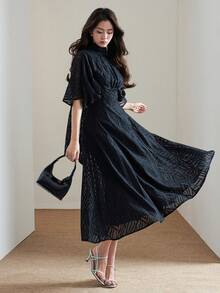 Heiryn 女士立领蝙蝠袖褶裥优雅中长连衣裙 - 黑色 - 查看 7