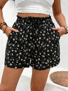 Breezaya Quần short nữ thanh lịch, thoải mái, họa tiết hoa, xếp ly ở eo. - màu đen - Xem 3