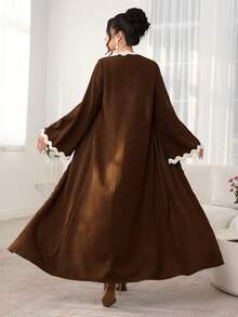 Al Najma Women's Brown Woven Long Sleeve Splice Apricot Ribbon Conservative Arabic Abaya, Spring/Summer - Brown - View 2
