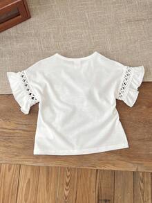 SHEIN LMoss Kids Tween Girl Round Neck Raglan Splice Ruffle Hem Graphic T-Shirt - White - View 2