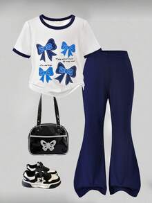 2pcs/Set Spring/Summer Toddler Girls' Outfit, White Round Neck Short Sleeve T-Shirt + Blue Flare Leg Pants, Blue Trim Collar & Cuffs, Bow & Text Print, Elastic Waist, Cute & Sweet Style Suitable For Play, Small Gatherings, Outings - Multicolor - View 3