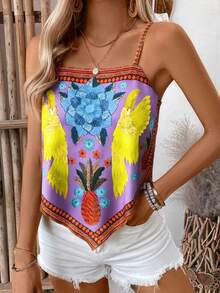 Selianne Áo tank top hai dây dáng rộng in họa tiết hoa lá dành cho nữ, kiểu dáng thường ngày. - Màu tím hoa cà - Xem 4