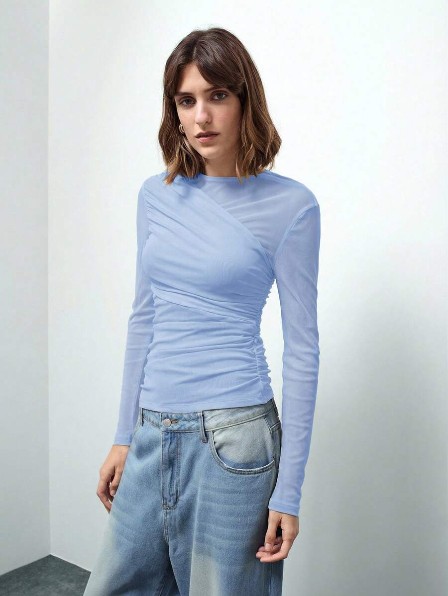 Maija 女士不对称设计现代都市休闲时尚商务休闲T恤，都市通勤商务休闲女装，办公室着装，优雅圣诞派对，新年装扮，棕色上衣 - 藍色 - 查看 1