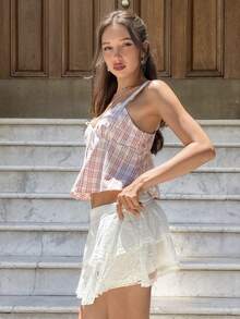 MainGRL Cute Sweet Women's Pink Plaid Lace Trim Cami, Adjustable Strap Back Smocked Ruffle Hem Design, Ideal For Summer Getaways, Garden Parties & Daily Wear, Retro Style 2026 New Spring/Summer - Pink - View 5