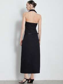 Aveloria Modichic Summer Elegant Black Date Night French Chic 2-Piece Set,Sleeveless Collared Vest & High-Waisted Slit Skirt With Belt, Business Office Outfit - Black - View 2