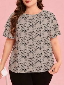 Reflora Plus Size Ditsy Floral Round Neck Short Sleeve Casual Elegant Summer Blouse - Multicolor - View 3