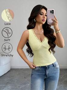 Rafferiza Débardeur élégant, délicat et sexy pour sortie en extérieur, en tricot texturé avec patchwork en dentelle, de couleur jaune clair, pour le printemps/été - Jaune citron - Voir 3