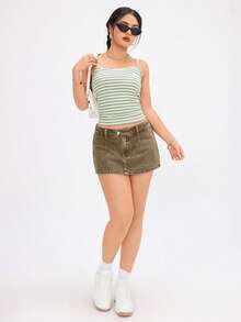 SHEIN ICON 女士纽扣装饰百搭休闲牛仔短裙 - 咖啡棕 - 查看 4