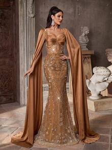 Aureia Rochie elegantă și luxoasă, model sirenă, cu mărgele și paiete, model floral, satin elastic, supradimensionată, cu mâneci bufante, potrivită pentru nunți, petreceri, vacanțe, gale, evenimente formale (puternic decorată) - Aur - Vizualizare 6