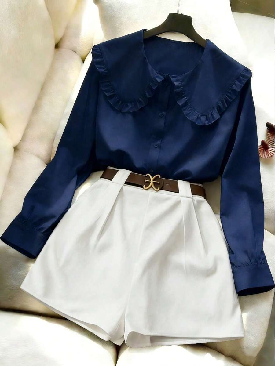 SHEIN LUNE Áo sơ mi nữ cổ Peter Pan dễ thương màu trắng phong cách Hàn Quốc Nhật Bản, phù hợp làm lớp trong hoặc áo ngoài cho mùa thu/đông - Màu xanh hải quân - Xem 1