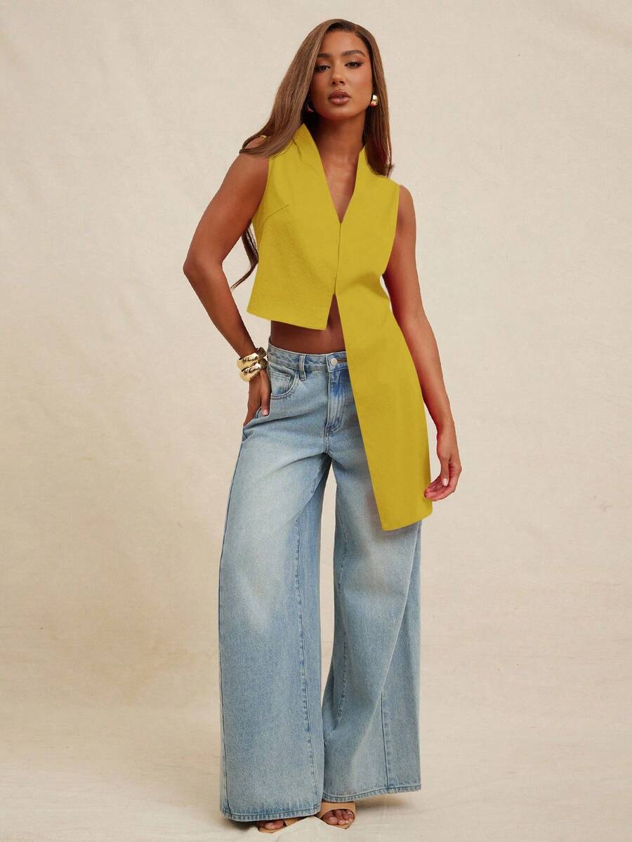 NYA SZN Top Sleeveless Drape Detail Flowy Modest Business Casual Everyday Basic Pleated Church Cute Basic Summer Fall Suitable For Commuting For Women - Yellow - View 1