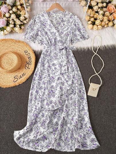 Trelyra Charming And Elegant Ditsy Floral Dress With V-Neck And Belt,Ladies Boho Knot,Ruffle Hem,Wrap Short Sleeve V Neck Regular Fit Midi Apricot Flounce Sleeve All Over Print,Ditsy Floral,Floral,Plants A Line Women Long Dresses,Spring/Summer,Casual Daily Wear Maxi Vacation Beach Outfit Purple Floral Dress Women Lavender Floral Dress Women Wrap Dress Women Summer Summer Elegant Dress Cottagecore Dress