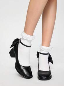 ROMWE Kawaii High Heel Bowknot Chunky Sole Pumps Valentines - Black - View 2