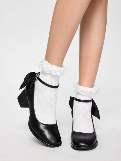 ROMWE Kawaii High Heel Bowknot Chunky Sole Pumps Valentines