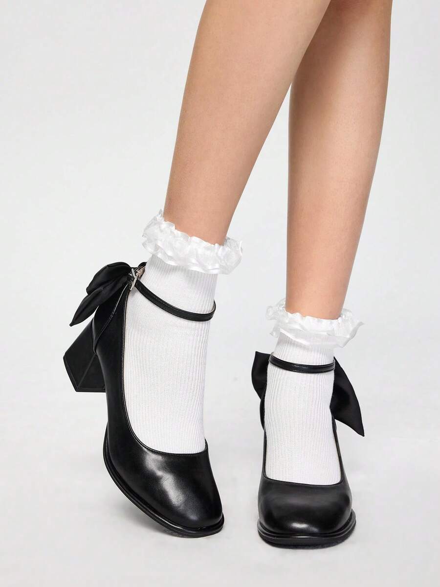 ROMWE Kawaii High Heel Bowknot Chunky Sole Pumps Valentines